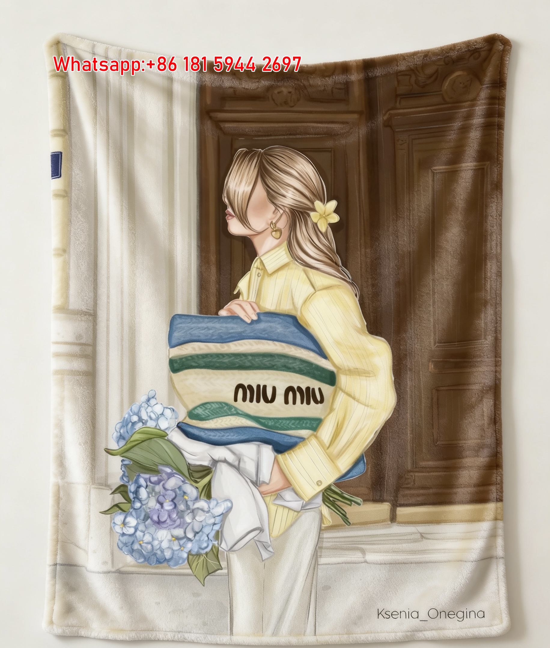 Miu Miu Blue Hydrangea & Yellow Shirt Fashion Print Flannel Throw Blanket IMG_0600